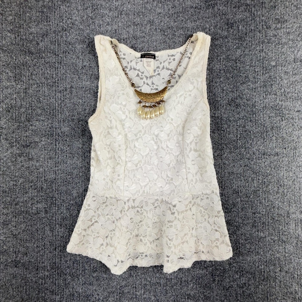 Y2K Janice Tank Top Womens M White Scoop Sleeveless Lace Floral Peplum Camisole